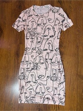 🌷 Sheer Abstract Face & Rose Print Light Peach Pink Dress 🌷